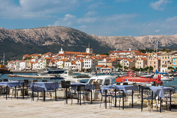 Scenic view from luxury beachfront restaurant in coastal town Baska, Krk Otok, Primorje-Gorski...