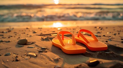 Orange flip flops on beach - obrazy, fototapety, plakaty