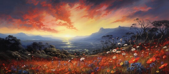 An art piece featuring a natural landscape of a field of flowers with a sunset in the background, showcasing a beautiful sky with cumulus clouds and a water reflection at dusk - obrazy, fototapety, plakaty