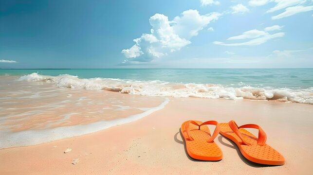 Orange flip flops on beach