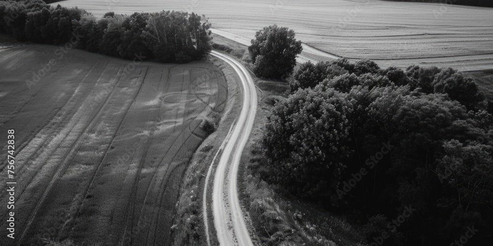 Poster a black and white photo of a road in the middle of a field. suitable for various projects