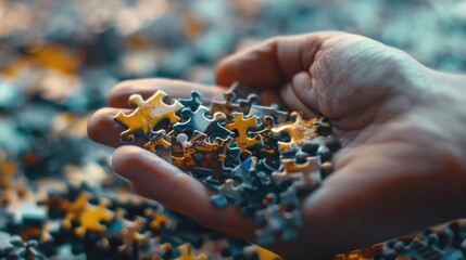 A person holding a pile of puzzle pieces, suitable for business concepts - obrazy, fototapety, plakaty