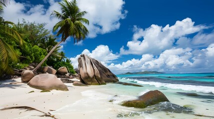Paradise beach on the island of La Digue in the Seychelles 