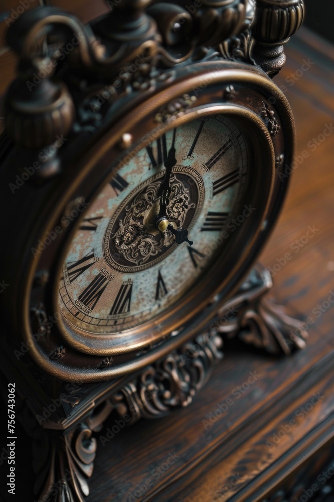 Poster a clock sitting on top of a wooden table, suitable for various concepts and designs