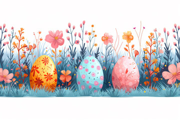 Colorful Easter Eggs Amongst Spring Blooms Illustration - obrazy, fototapety, plakaty