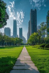 Fototapeta na wymiar A walkway in a park with tall buildings in the background. Ideal for urban landscape concepts