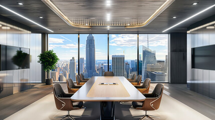 Professional Office Space with Panoramic City Views, Modern Furniture, and Bright Light for an...