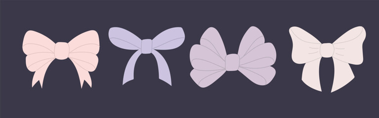 Set of lilac various bows made of wide and narrow ribbons.