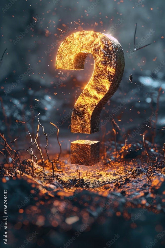 Poster a burning question mark symbol in a field, suitable for educational and creative concepts