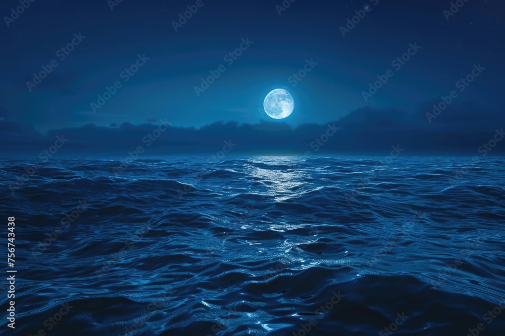 Poster A serene view of a full moon shining over the ocean. Suitable for various projects
