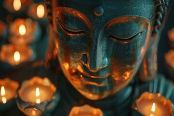 A serene Buddha statue surrounded by glowing candles. Perfect for meditation or spiritual concepts