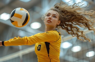 Player in yellow sports jersey playing volleyball in gym