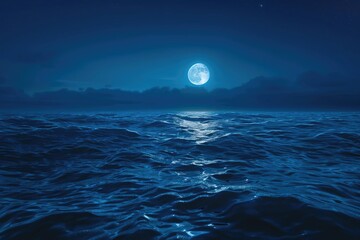 A serene view of a full moon shining over the ocean. Suitable for various projects