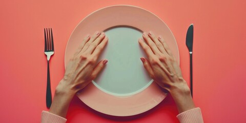 Close-up of woman's hands on a plate with cutlery. Perfect for food and dining concepts