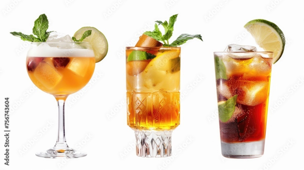 Poster three different types of cocktails on a plain white background. ideal for use in menus or promotiona