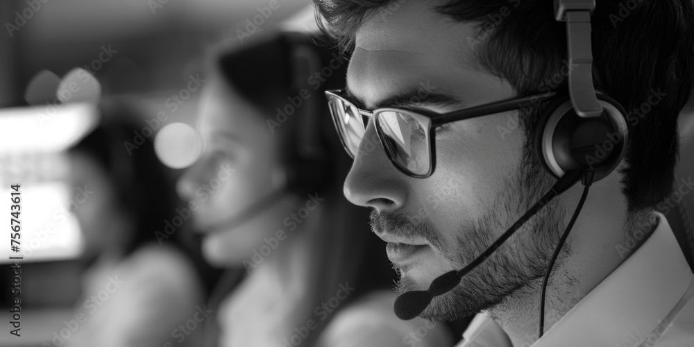 Poster a man wearing a headset with a microphone, suitable for technology concepts