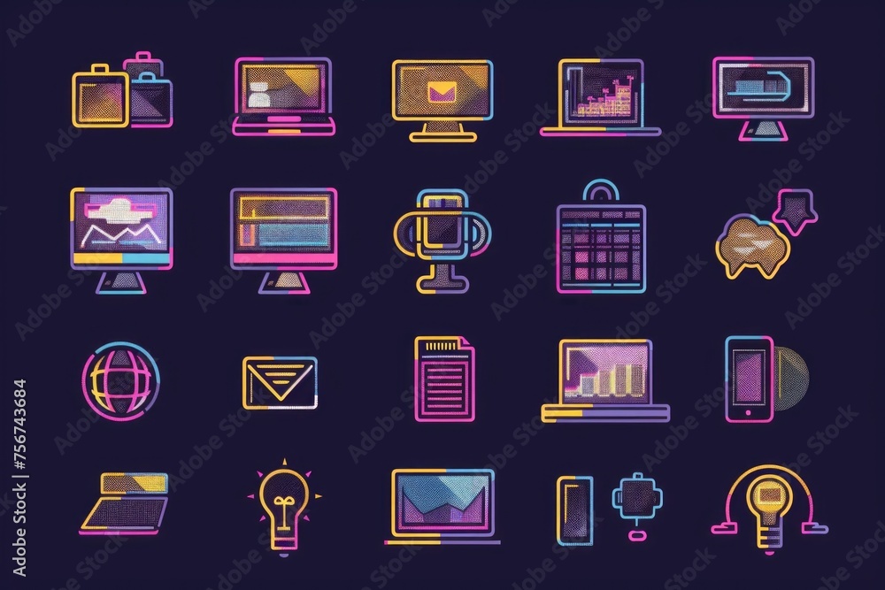 Aufkleber various colored icons displayed on a dark black background. ideal for design projects or presentatio