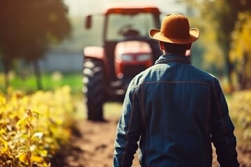 Close-up image of young farmer in hat inspecting tractor on farm, captured from behind view. - obrazy, fototapety, plakaty