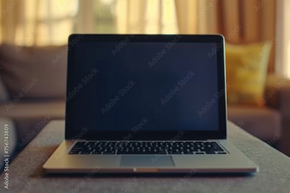 Poster A modern laptop computer on a table. Suitable for technology concepts