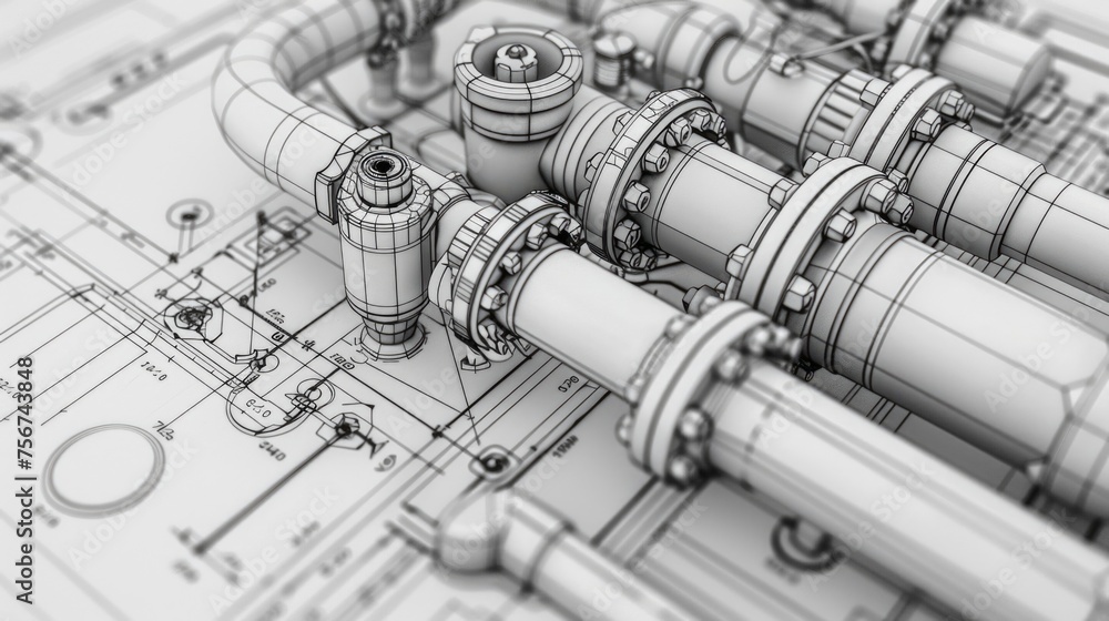 Poster a bunch of pipes sitting on top of a blueprint. perfect for construction and engineering projects