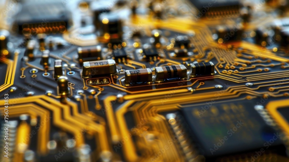 Poster Detailed view of circuit board with electronic components. Suitable for technology concepts