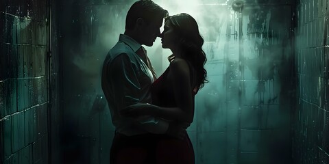 "Intense Movie Poster Showcases Couple in Tense Atmosphere under Dramatic Lighting". Concept Cinematic Photography, Romantic Set Design, Moody Lighting, High Contrast Imagery, Dramatic Portraits