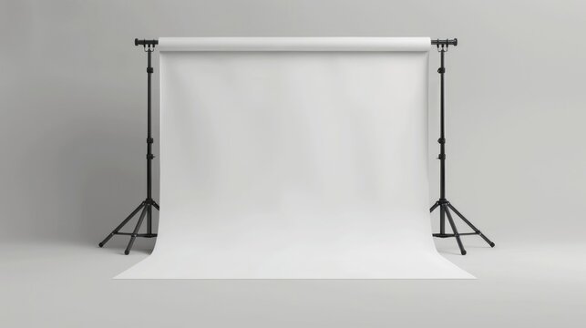 A simple white backdrop with two black tripod stands. Ideal for product photography or studio settings
