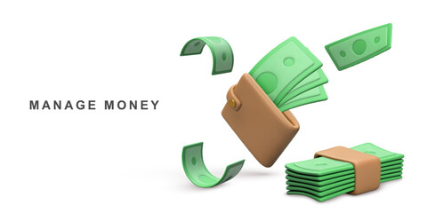 3d Realistic wallet cash and flying money. Vector illustration.
