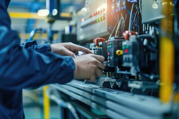 A man working on a machine in a factory. Suitable for industrial concepts