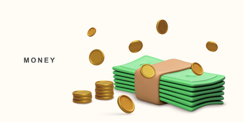 3d Realistic Bundle cash and flyaning coins. Vector illustration.
