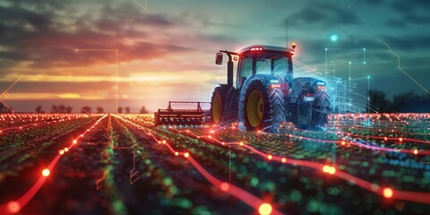 The concept of automation and the use of artificial intelligence in agriculture when processing the soil with a tractor before sowing a crop.