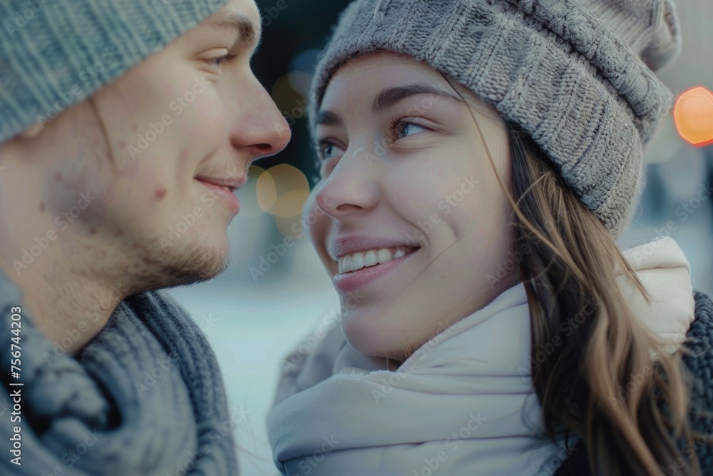 Poster a man and a woman looking at each other. suitable for relationship or communication concepts