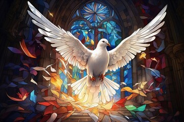 Espírito Santo em forma de pomba voando na frentre de um vitral IA Generativa
