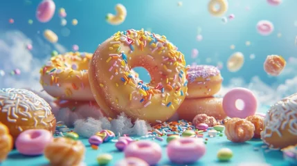 Zelfklevend Fotobehang Colorful sprinkled donuts on a blue background. Perfect for food and bakery concepts © Fotograf