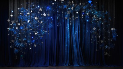 A luxurious stage set with deep blue velvet curtains under a cascade of twinkling stars, creating a celestial aura perfect for sophisticated galas or theatrical performances.