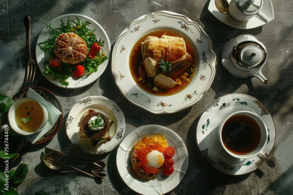 Poster a table set with plates of food and cups of coffee, suitable for restaurant or cafe concepts