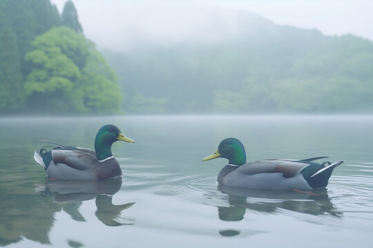 Two ducks swimming in a lake on a foggy day