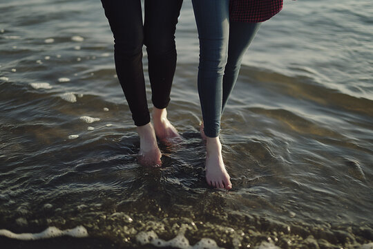 Couple walking across body of water