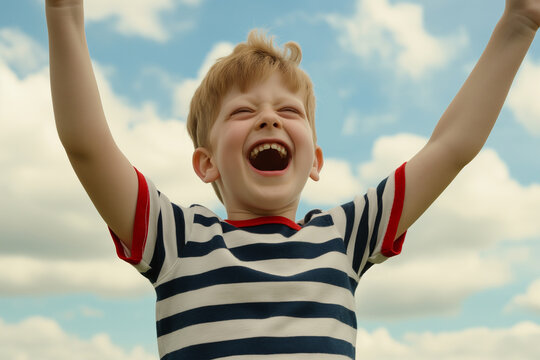 Young boy celebrating with arms raised