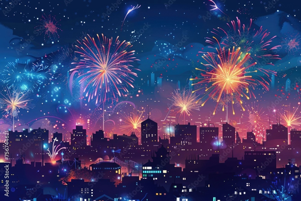 Canvas Prints Vibrant fireworks lighting up the night sky over a bustling city. Perfect for celebrating special events or holidays