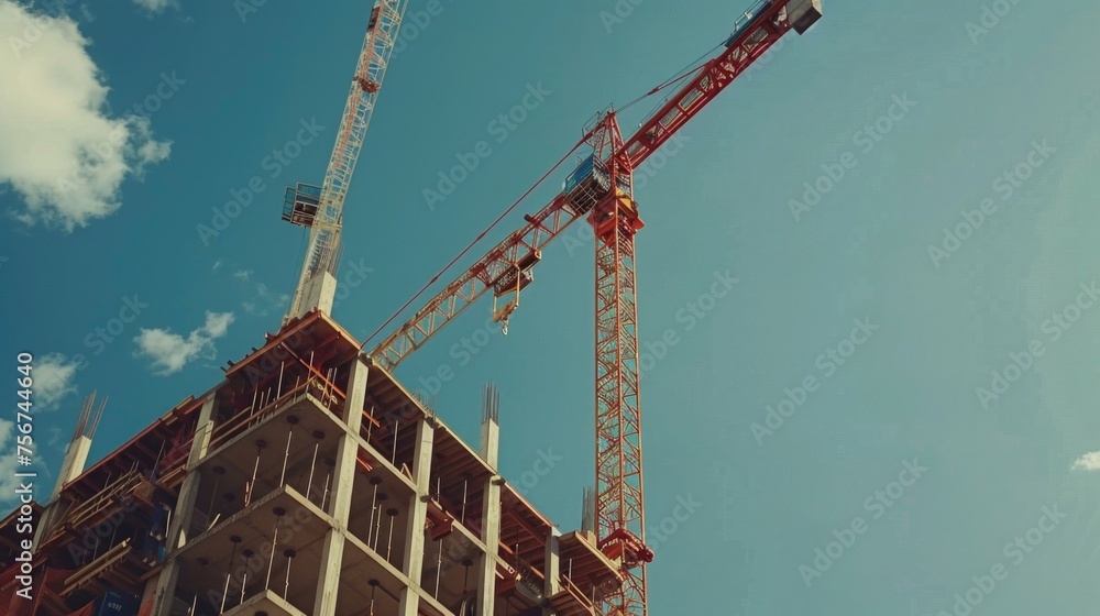 Poster Crane standing in front of building under construction. Useful for architecture and construction projects