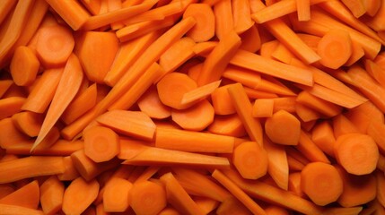 Carrots on a table, fresh vegetables background. Chopped carrots texture, top view