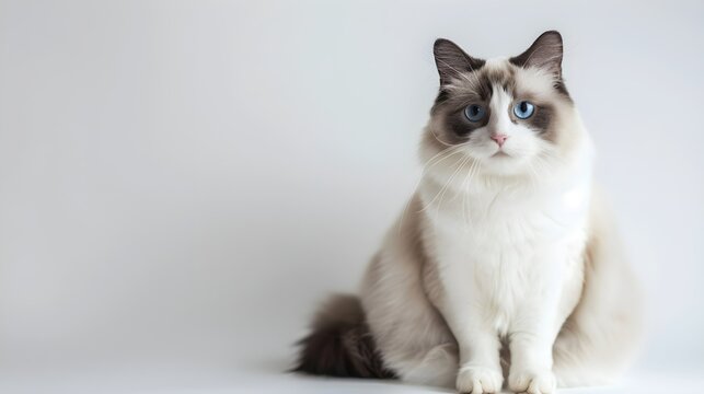 Ragdoll cat with blue eyes sitting on a white background