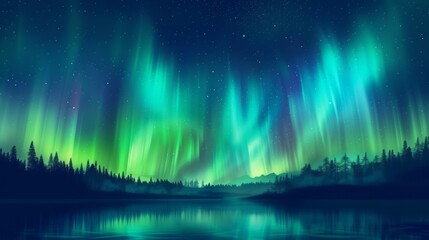 An idyllic digital rendering of the Northern Lights arcing over a forest and lake, capturing the enchanting interaction between land, water, and sky.