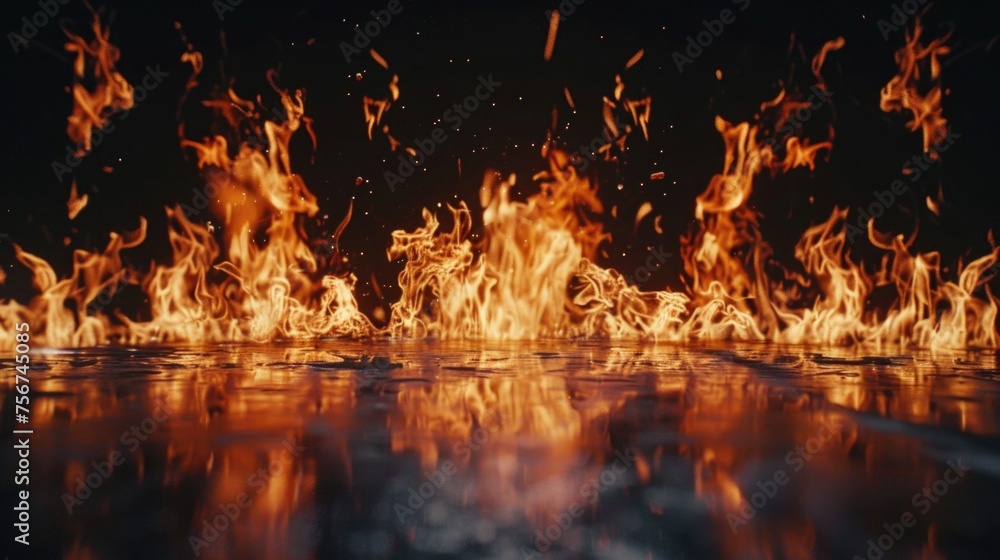Poster a fire burning in the middle of a floor, suitable for concepts related to danger and destruction