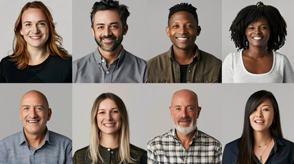Fototapeta premium Smiles Unite: Composite Portrait of Headshots Featuring a Diversity of People on a Clean White Background