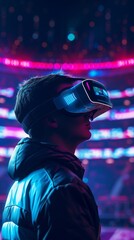 A young individual in a winter jacket stands against a backdrop of a virtual sports arena, immersed in a vivid and interactive VR sports simulation.