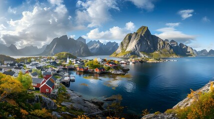 Reine, Lofoten, Norway. The village of Reine under a sunny, blue sky, with the typical rorbu houses. View from the top - obrazy, fototapety, plakaty