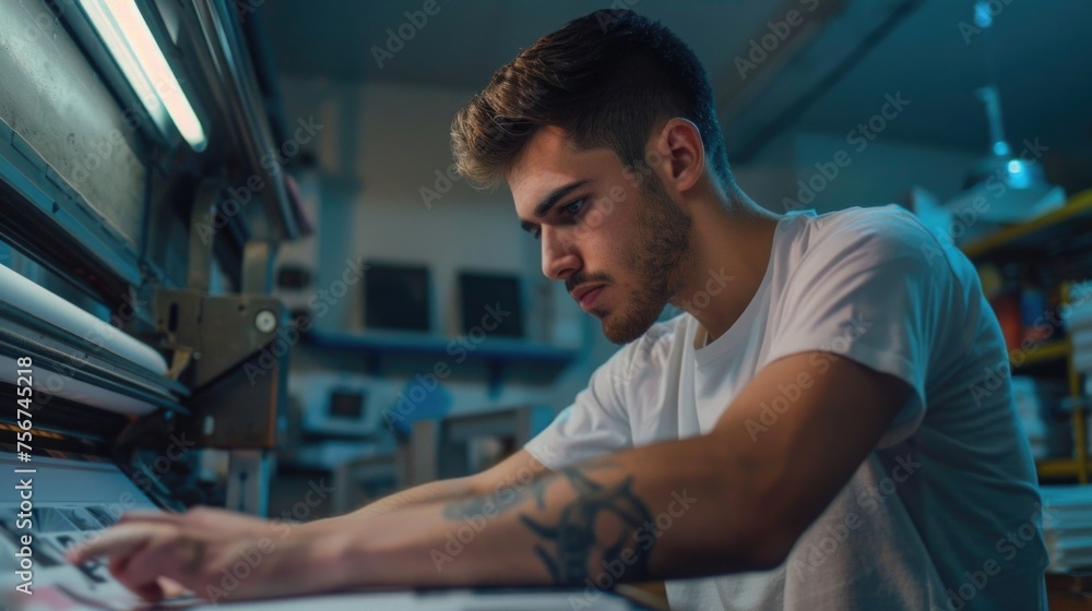 Poster a man working on a computer in a factory. ideal for illustrating modern industrial workplaces