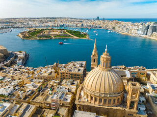 Fototapeta premium Drone view of main church and Manoel island, Valletta - capital of Malta